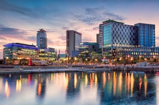 Photo of panoramic aerial view of Salford Quays, Manchester, UK.