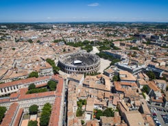 Photo of aerial view of Triumphal Arch or Arc de Triomphe in Montpellier city in France.