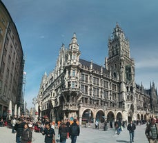 Aerial view on Marienplatz town hall and Frauenkirche in Munich, Germany.