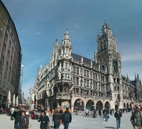 Aerial view on Marienplatz town hall and Frauenkirche in Munich, Germany.