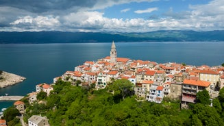 Photo of panoramic aerial view of Baska town, Krk, Croatia.