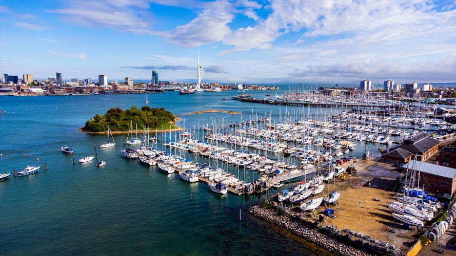 Aerial view of the Marina of Gosport behind Burrow Island in Portsmouth Harbor in the south of England on the Channel coast