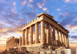 Photo of temple of Apollo with Acrocorinth in the background. Ancient Corinth, Greece.