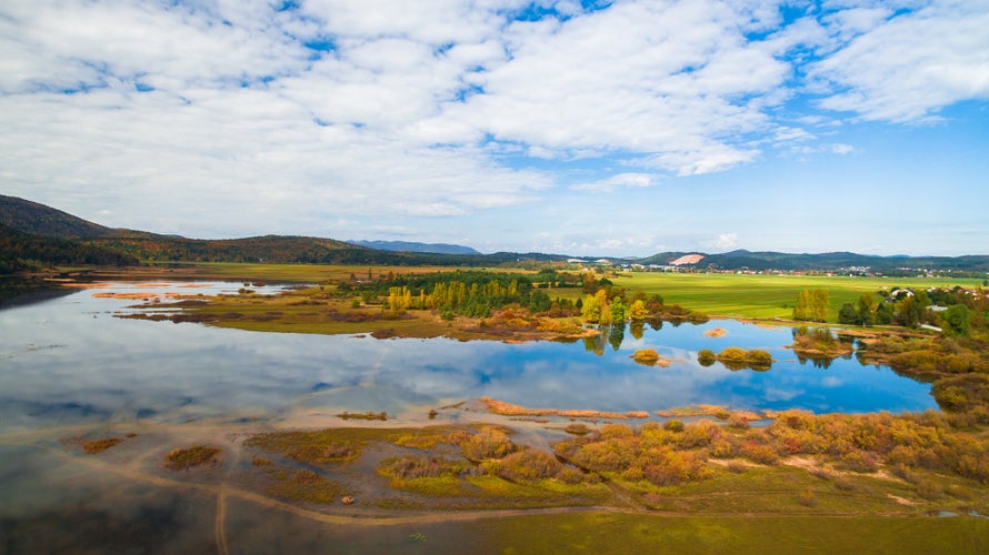 Photo of Aerial drone view of amazing autumn colors on the lake. Cerknisko lake, Slovenia.