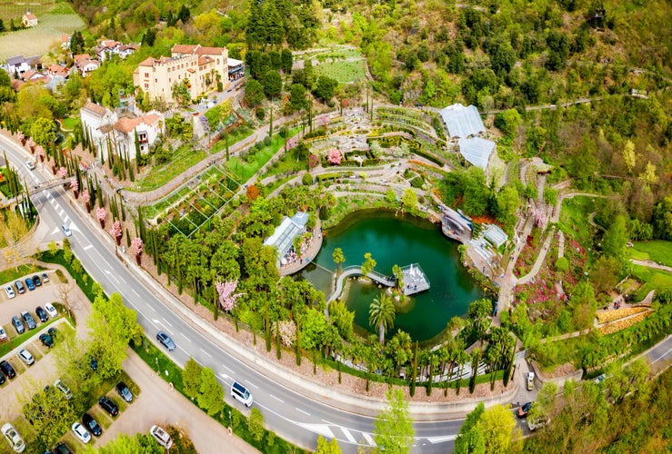 Aerial view of the Trauttmansdorff Castle Gardens, a botanical gardens located in Merano city in north Italy