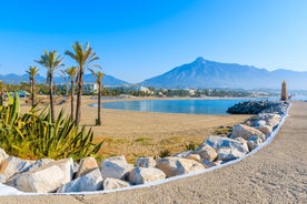 Photo of aerial panoramic view of Fuengirola city beach and marina, Fuengirola is a city on the Costa del Sol in the province of Malaga in the Andalusia, Spain.