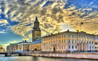 Photo of main place of Vimmerby with well and tourist office, Sweden.