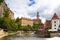 Photo of Wooden bridge over river Vltava, Český Krumlov, Czech Republic.