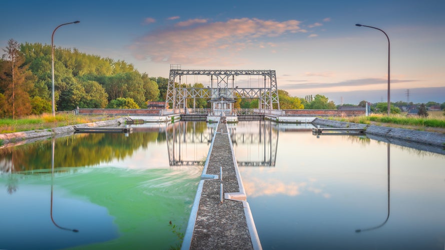 Photo of the Old Central Canal between Brussels and Charleroi during the golden hour, Belgium.