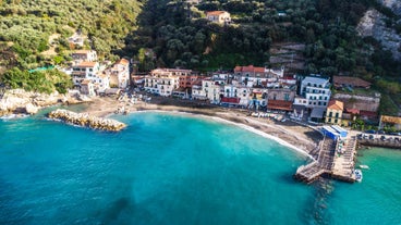 Photo of aerial morning view of Amalfi cityscape on coast line of Mediterranean sea, Italy.