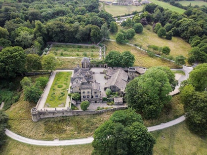 Photo of aerial view of Shibden Hall, Halifax, West Yorkshire, UK.