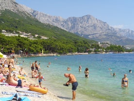 Photo of aerial view of gorgeous azure scene of summer Croatian landscape in Podgora, Dalmatia, Croatia.