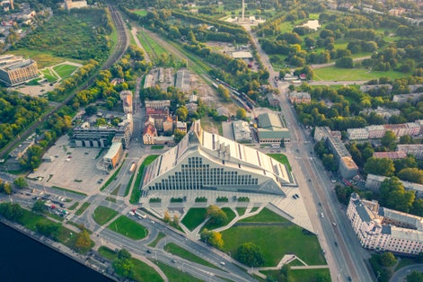 Aerial view photo from flying drone panoramic to National library in Riga, Latvia