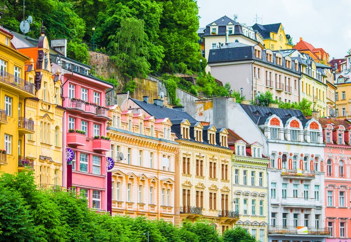 photo of view of Colorful hotels and traditional buildings on sunny town of Karlovy Vary. The most visited spa town in the Czech Republic.