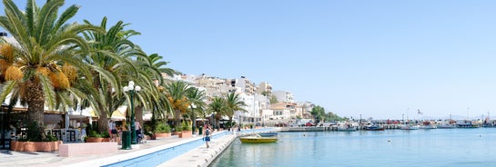 Photo of aerial view of the port in Agios Nikolaos, famous travel destination of Crete, Greece.