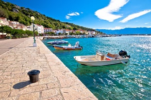 Photo of aerial view of Historic Adriatic town of Krk aerial view, Island of Krk, Kvarner bay of Croatia.