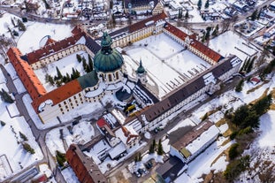 Photo of aerial panoramic view of Oberammergau town in the district of Garmisch-Partenkirchen in Bavaria, Germany.