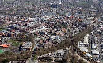 Photo of panoramic aerial view of Salford Quays, Manchester, UK.