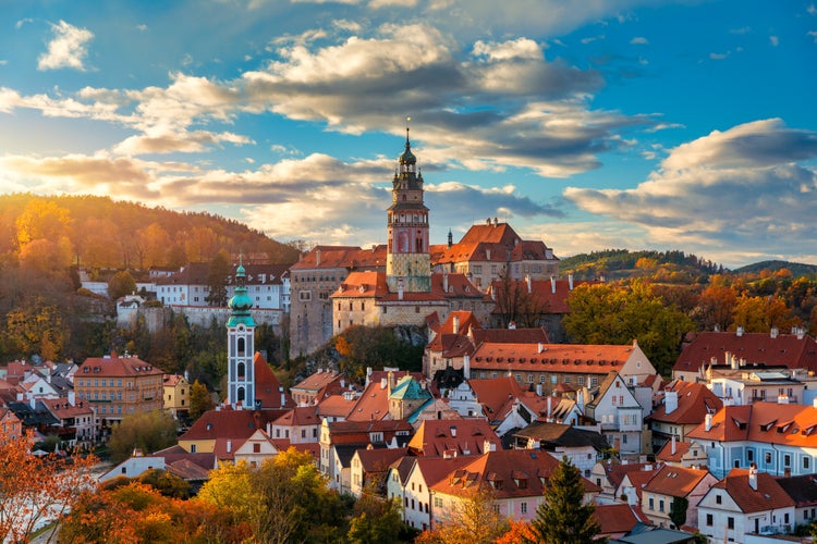 View of historical centre of Cesky Krumlov town on Vltava riverbank on autumn day overlooking medieval Castle, Czech Republic. View of old town of Cesky Krumlov, South Bohemia, Czech Republic.