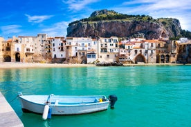 Photo of view of Cefalu and Promontorio de Torre Caldura seen from Norman Castle, La Rocca park, Italy.