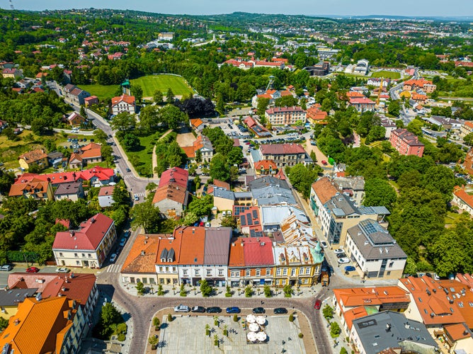 Aerial view of Wielichka, a town near Krakow, known for the 13th-century Wieliczka Salt Mine, the Saltworks Museum and a health resort, Poland