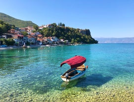 Aerial view of Samuel's Fortress and Plaosnik at Ohrid in North Macedonia.