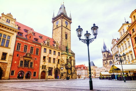 Photo of Prague Old Town Square Czech Republic, sunrise city skyline at Astronomical Clock Tower.