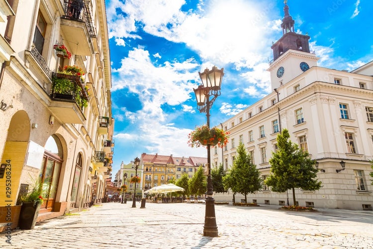 Photo of Old town square with town hall in city of Kalisz, Poland.