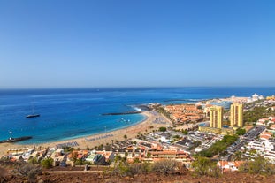 photo of aerial view of the beach and lagoon of Los Cristianos resort on Tenerife, Canary Islands, Spain.