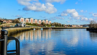 Photo of redeveloped Warehouses along the River in Leeds, UK.