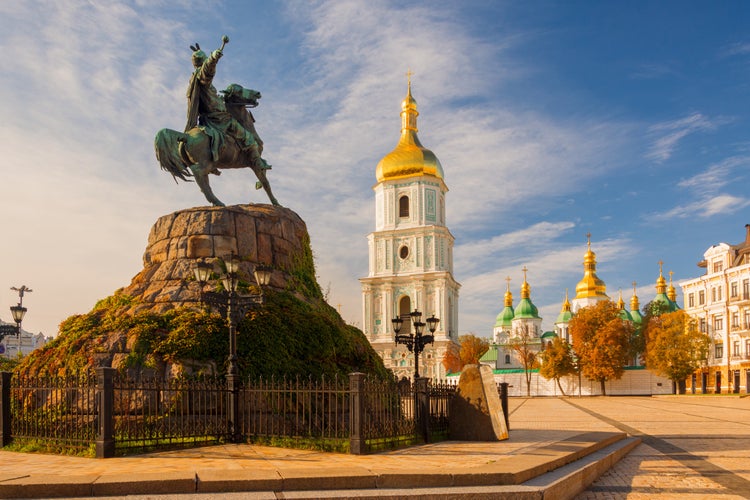 Photo of scenic view on Hetman Bohdan Khmelnitsky monument and Saint Sophia's Cathedral on Sofia Square, Kyiv, Ukraine.