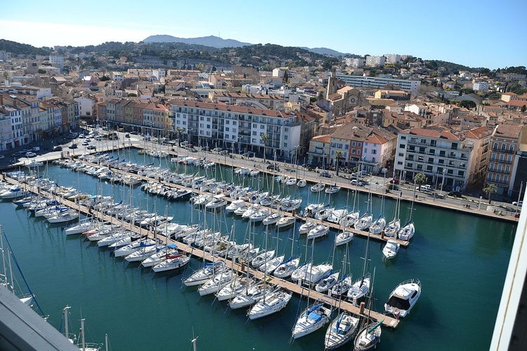 Photo of aerial view of the marina and town centre in La Seyne-sur-Mer, France.