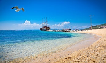 Photo of Ouranoupolis tower in Chalkidiki, Greece on a summer day.