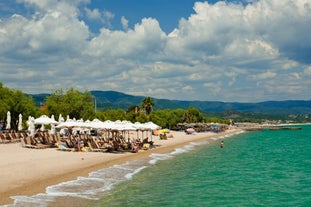 Photo of Ouranoupolis tower in Chalkidiki, Greece on a summer day.