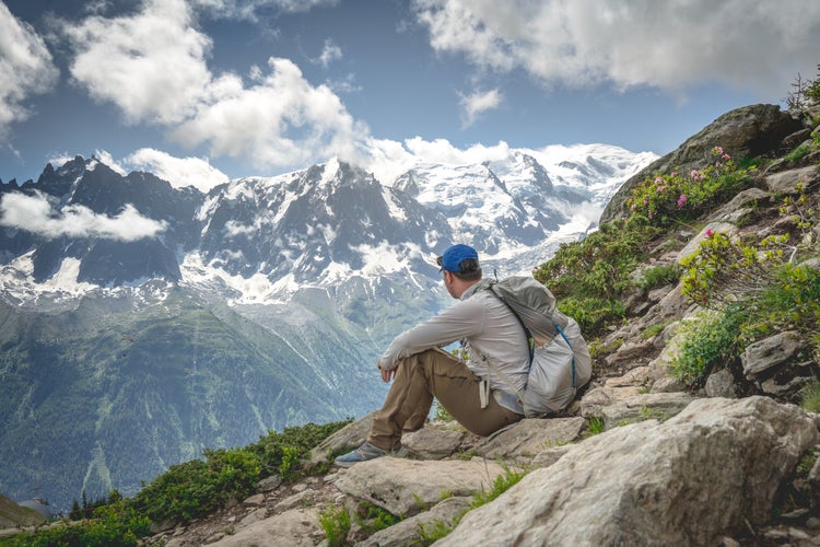 Hiker looking to Mont Blanc from Brevent, Tour du Mont Blanc.jpg