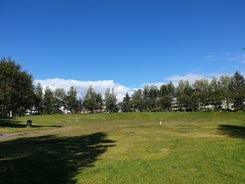 Panoramic view of Reykjavik, the capital city of Iceland, with the view of harbor and mount Esja.