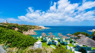 Photo of scenic aerial view over the town of Santa Teresa Gallura, located on the northern tip of Sardinia, on the Strait of Bonifacio, Italy.