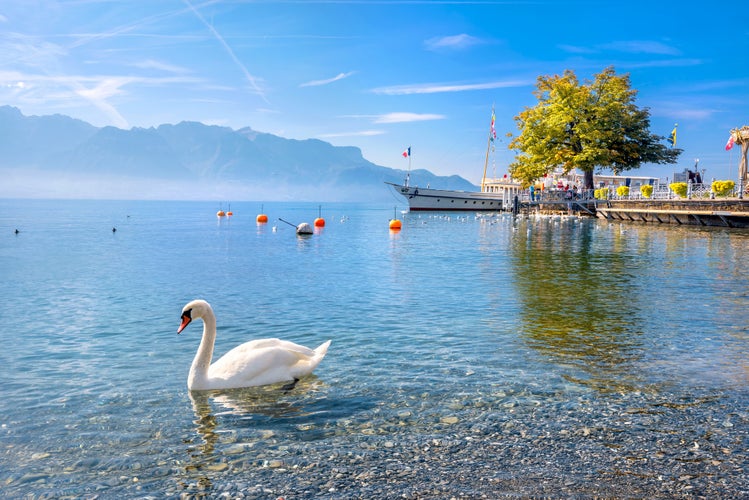 Photo of Quay with old ferry on Lake Geneva in Vevey, Vaud canton, Switzerland.