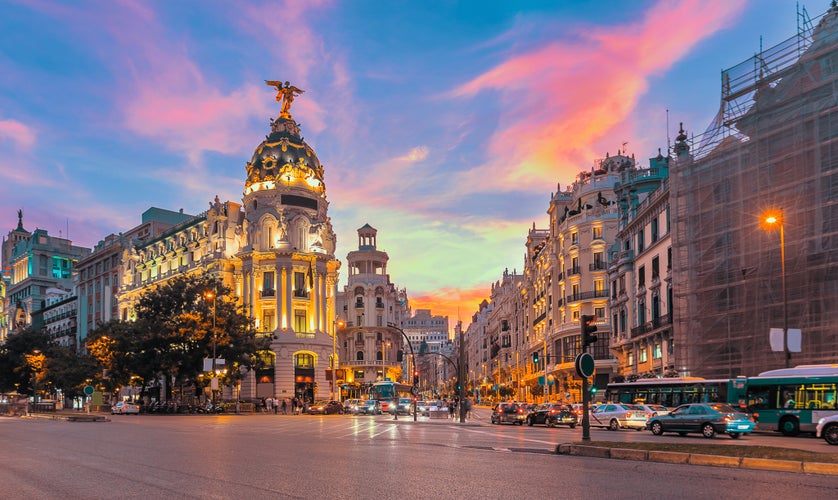 Photo of Madrid city skyline gran via street twilight , Spain.