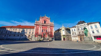 Capital of Slovenia, panoramic view with old town and castle.