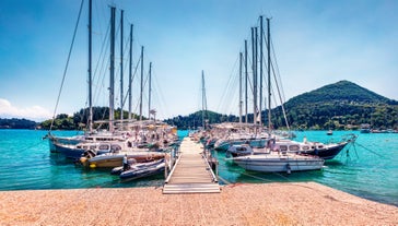 Photo of Nidri town in Lefkada Island Greece, the second biggest city and tourist destination on the island.