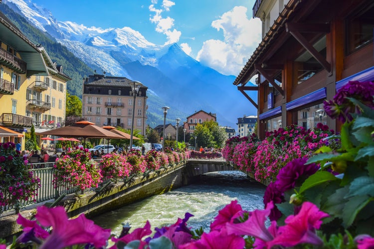 View of the Arve river and Mont-Blanc massif from the centre of Chamonix.jpg