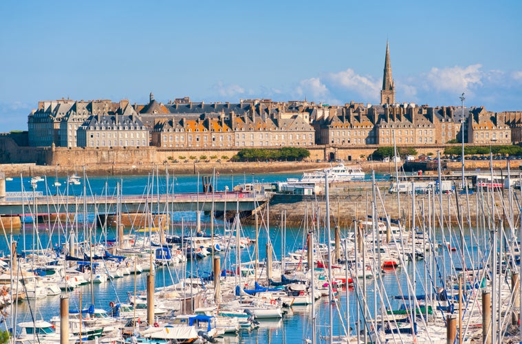 Yacht harbour and walled city of St Malo, Brittany, France.