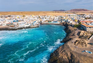 Photo of scenic aerial view of colorful traditional village of El Cotillo in Northen part of island. Canary islands of Spain.