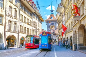 Panoramic view of historic Zurich city center with famous Fraumunster, Grossmunster and St. Peter and river Limmat at Lake Zurich on a sunny day with clouds in summer, Canton of Zurich, Switzerland