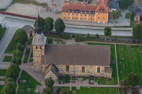 photo of aerial view of Botkyrka kyrka in Fiskarhagen, Sweden.