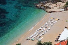 Photo of panorama and landscape of Makarska resort and its harbour with boats and blue sea water, Croatia.