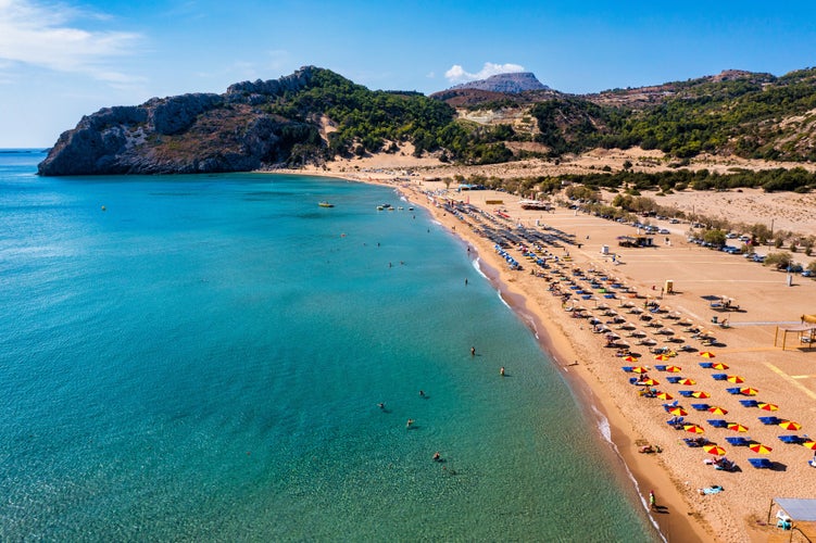 Photo of Tsampika beach with golden sand view from above, Rhodes, Greece.