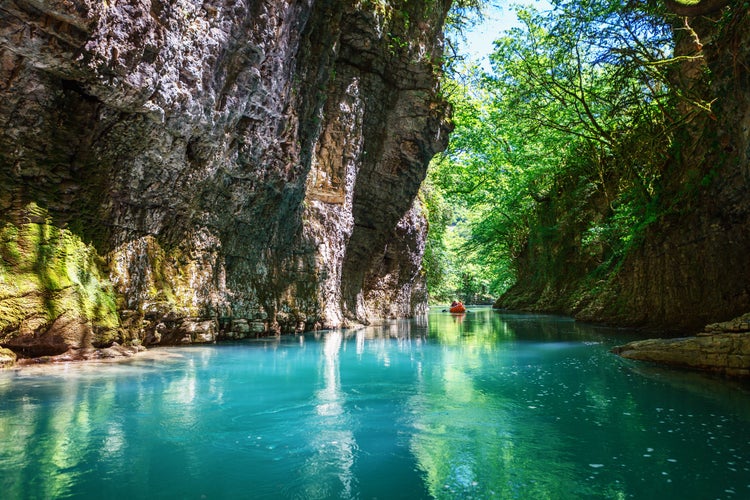 Martvili canyon in Georgia. Beautiful natural canyon with view of the mountain river, christal blue water and boat ride near Kutaisi