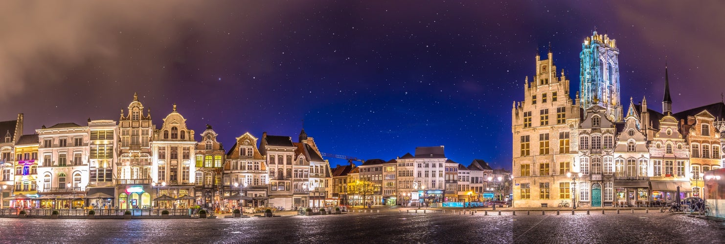 Wonderful cityscape of the grand market in Mechelen - near Brussels - at night. Historical city center in Belgium